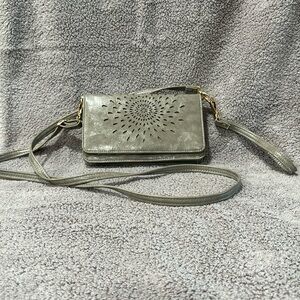 Gray wristlet with long strap